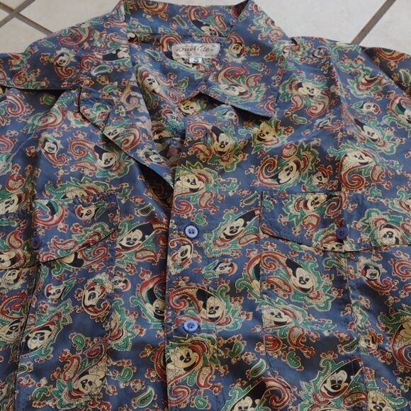 Awesome Vintage 100% silk Mickey Mouse Paisley shirt So 70s! Blue green size S - Picture 3 of 10